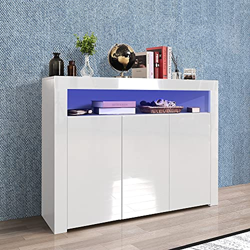 LUMISOL Modern Sideboard Cabinet High Gloss with LED Light, 3 Doors Sideboard TV Stand Wood Buffet Storage Cabinet for Hallway Dining Room
