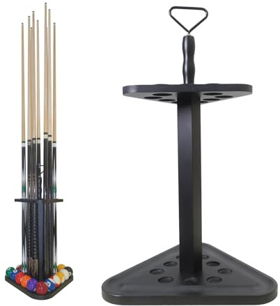 JAYOBGO Pool Stick Holder - Billiards Cue Rack, Floor Stand Holds 9 Cues & Accessories, Wood Triangle Cue Rack