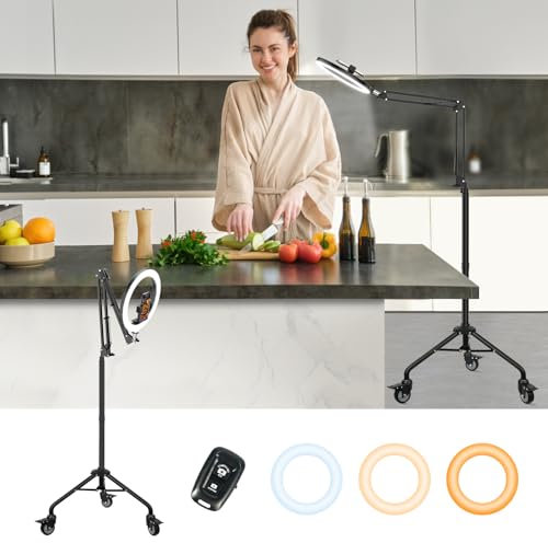 LUXSURE Aro de Luz con Tripode y Ruedas Giratorias con Freno, Ring Light con Función Bluetooth, Anillo de Luz con Brazo de Soporte y Soporte para Teléfono para Grabar Videos/Cocina/Transmisión en Vivo