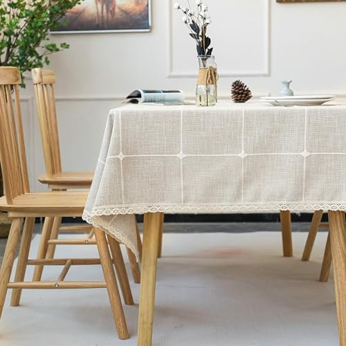Musihy Tischdeko Elegant, 140 x 240 cm Baumwolle Leinen Kariert Tischtuch Fleckenschutz, Beige