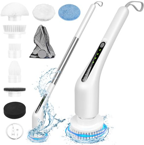 FIYAPOO Elektrische Reinigungsbürste, Spin Scrubber mit Verstellbarem Griff und 8 Austauschbaren Bohrbürstenköpfen, Ecken Fugenbürste Terrassenreiniger für Bad, Küche, Auto, Fußboden, WC, Fenster