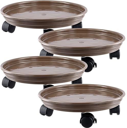 KEILEOHO 4 unidades de 33 cm con ruedas, soporte para plantas, color marrón, con ruedas, para interior y exterior