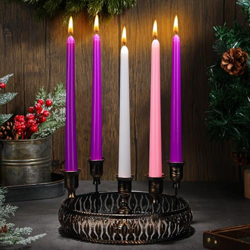 Vercraft Vintage Metal Advent Candle Holder With 15 Pcs Candles - Rustic Wreath Ring for Tapper Candles - Centerpiece Decorations for Advent Season