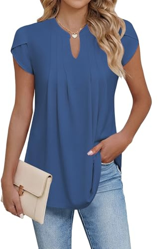 Cuptacc Chemisiers Femme Col en V Élégant Tops Ete Bleu Foncé S 34-36