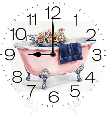 Geroclonup Wall Clock Rustic Bathtub Flower Silent Non Ticking Wall Clocks Wood Battery Operated Decorative for Bathroom Kitchen Living Room Vintage Round 25cm