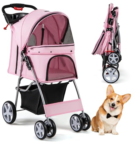 COSTWAY Cochecito para Mascotas Plegable, Cochecito de Mascotas de 4 Ruedas para Gatos/Perros, Carrito para Gatos con Cesta de Almacenamiento y Ventana de Malla impermeable (Rosado)