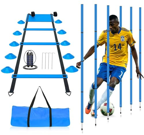 YGORTECH Soccer Agility Training Equipment, Includes 20ft Agility Ladder, 6 Adjustable Agility Poles, 10 Disc Cones, Jump Rope-Speed Training Set for Soccer Football Basketball Athletes Blue