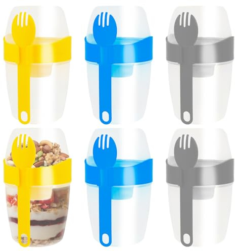 Ghshanog 6Pcs On The Go Cereal Yogurt Cups,560 ML Overnight Oats Container with Lids and Spoon,Reusable Plastic Milk Pot Breakfast Pot Muesli Cup for Salads Fruit Cereal Milk Porridge