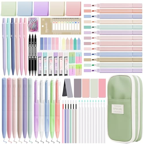 Focxoio 122 PCS Aesthetic Stationery Supplies with Pencil Case, 12 Pastel Highlighters, 11 Gel Pens, 6 Mechanical Pencils Set 0.5 & 0.7 mm and So on for Students Stationery College Essentials, Green