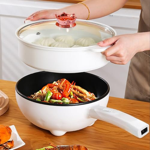 UUE Elektrischer Hot Pot 3L weiß, 500/1000W Multikocher mit Dampfgarer & Keramik-Antihaft, für Ramen/Suppe/Eier, Camping/Wohnheim/Büro, inkl. Glasdeckel & Überhitzungsschutz