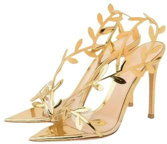 SYJYM - Sandalias de piel de charol para mujer, elegantes, puntiagudas, tacones altos, delgados, sandalias de gladiador, zapatos de fiesta, Gold, 34 EU