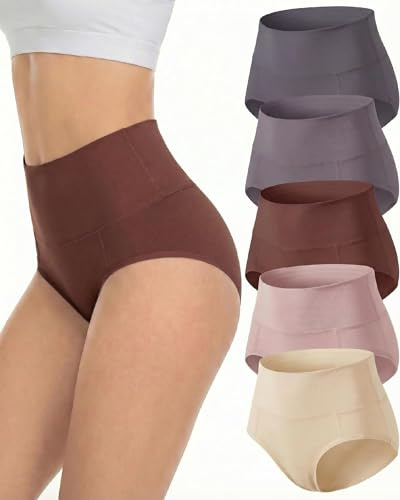 TDONE Underwear Women, High Waisted Cotton Tummy Control Knickers Comfortable Full Briefs Women Multipack Breathable Ladies Cotton Knickers Soft Panties(5 Pack)