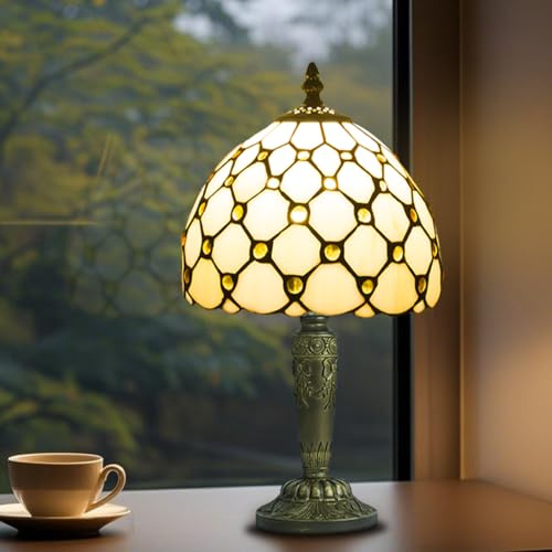8 Inch Small Tiffany Style Table Lamp, Cream Pearl Bead Stained Glass Lamp | 3 Color Temperatures, Vintage Mini Tiffany Lamp for Office Bedroom Living Room Reading Home, Included Dimmable LED Bulb