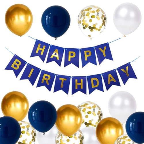 YELYAN Happy Birthday Banner, Navy Blue & Gold Birthday Decoration Pack with Balloons, Ribbons & Banners for Birthday Party Supplies