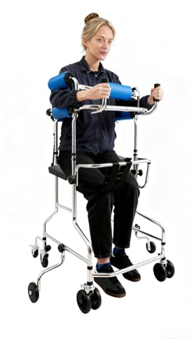 Bärbara promenadhjälpmedel för funktionshindrade, höjdjusterbart stående gåstöd rullator av kolstål för vuxna cerebral pares rehabilitering, inklusive sittkuddar, hjul och armstöd