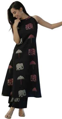 GoSriKi Women's Ethnic Co-Ord Set | Kurta Pant Set | Kurta Palazzo Set | Stylish Cotton Suit Set for Women, Festival Co-ord, Black, M