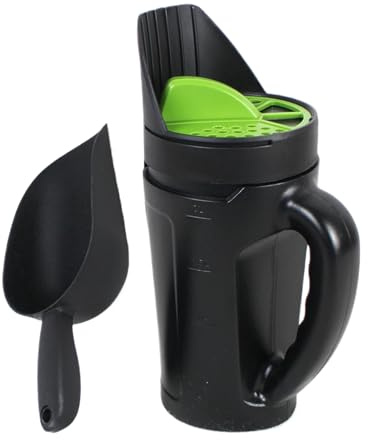 Esparcidor de sal de mano, dispensador de batidos para uso en invierno, capacidad de 2,5 l con aberturas ajustables, pala adicional para distribuir hielo derretido, esparcir fertilizantes, aplicar