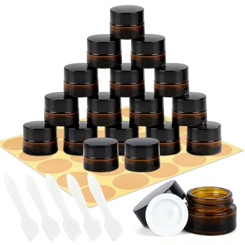 17 Pz Barattoli Vetro con Coperchio, Vasetti Vetro Piccoli 5ml, Contenitore Cosmetico per Crema, Vasetti di Vetros Ambrato per campioni di lozione da viaggio + 5 cucchiai, 25 adesivi