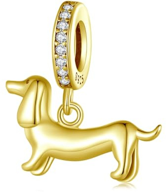 SOUTHPLUS Charms Pendentif Femme Perles animales Coeur Chiens Chats Cordon Collier pour Pendentif Sterling 925 Breloque Bracelets Pour Maman Voyage ou Anniversaire (Teckel doré)