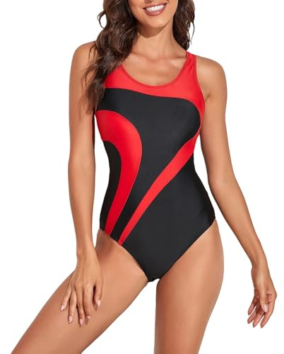 Youkly Women's One Piece Swimsuit, Sports Swimming Costume Tummy Control Swimming Suits with Removable Foam Cups (UK, Alpha, XXL, Regular, Regular, Red)