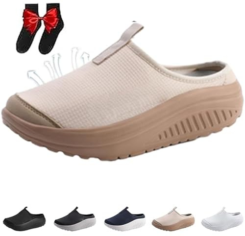 Mules de marche à plateforme tricotée à enfiler pour femme, confortables, respirantes, dos ouvert, talon compensé, chaussures à bascule décontractées et légères à bout fermé, kaki, 38.5 EU