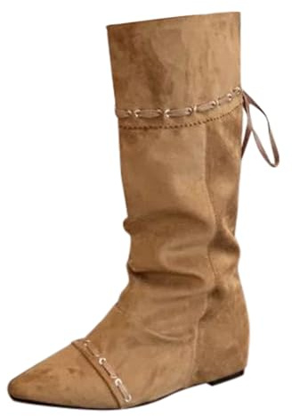 Botas holgadas de media pantorrilla para mujer, botas vaqueras de ajuste ancho para mujer, botines de campo fruncidos, zapatos de boda con cordón para exteriores, zapatos planos para otoño e invierno