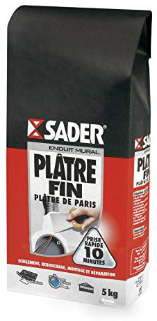 Sader - Plâtre Fin de Paris - Scellement, Rebouchage, Montage et Réparation - Tous Supports - Intérieur - Prise Rapide 10 Minutes - Sac de 5 kg