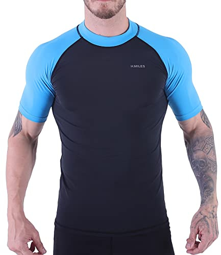 H.MILES Men's Rash Vest Short Sleeve Male Adults Rashguard Swim Base Layer Snorkeling Swimming Surfing Tops Diving Beach T-shirt Black / Blue 3XL
