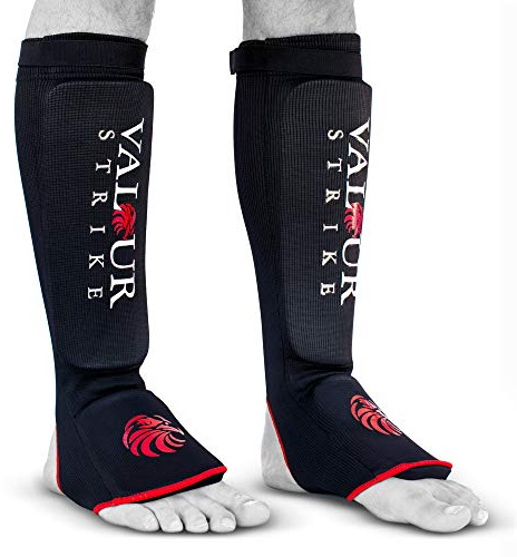 Valour Strike Shin Guards for Kickboxing Muay Thai MMA Karate Martial Arts Taekwondo or Kick Boxing | Sparring Sock Pads to Guard Leg Foot & Instep | Protective Equipment for Safe Support in Training