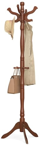 VASAGLE Coat Stand, Solid Wood Freestanding Coat Rack with 11 Hooks, Hall Tree for Bags, Purses, Hats, for Entryway, Hallway, Rubberwood, Caramel Brown URCR05WN