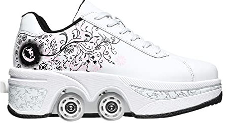 Rollers Skate Shoes Chaussures à roulettes Chaussures de skateboard réglables avec roulettes pour femme (36, rose blanc)