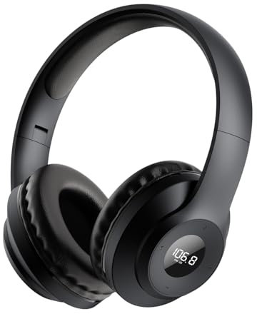 X5 Rechargeable & Portable FM Radio Headphones with Best Reception,LED Display,Soft Ear Muffs, FM Headset Radio Receiver for Meeting, Works, Hiking, Jogging (Black)