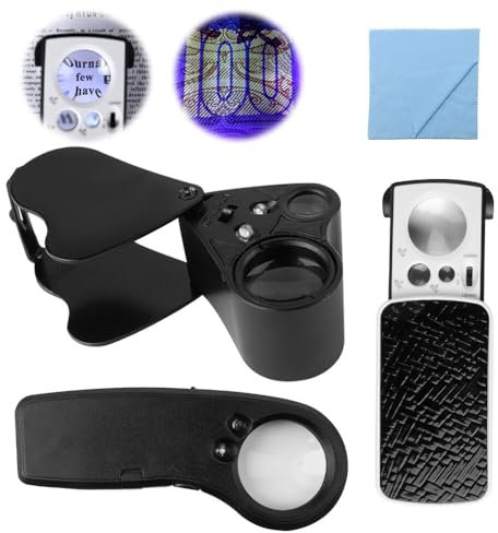 Loupe Bijoutier 30X 40X 60X 90X, TGKYK 3 pièces Loupe Horloger avec Lumière UV LED, Loupe de Poche, Portabilité Loupe de Bijoutier pour Bijoux, Pièces de Monnaie, Antiquités, Photos, Maquettes