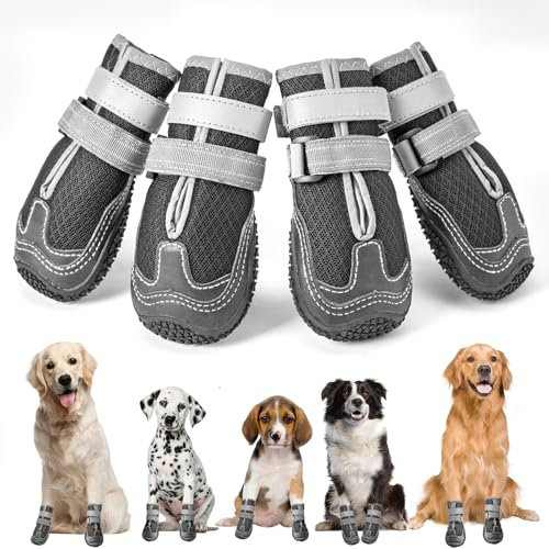 Hundeschuhe mit reflektierenden Riemen, hohe Hundestiefel wasserdicht, Anti-Rutsch verschleißfeste Gummisohle Hundeschuhe Pfotenschutz fürkleine, mittlere und große Hunde(L, Schwarz)