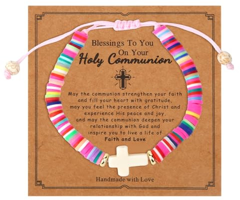 Mikovivi Bracelet Croix en Argile Polymère pour Filles, Bracelet Religieux Chrétien Coloré avec Carte de Motivation Bijoux Baptême de Style Bohème Cadeaux pour Filles Sœurs Adolescentes