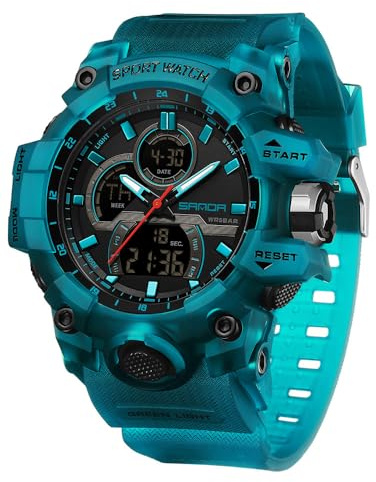 FANMIS Men's Solar Powered Casual Quartz Wrist Watch Analog Digital Multifunctional Black Sports Watch (Z Turquoise Blue)