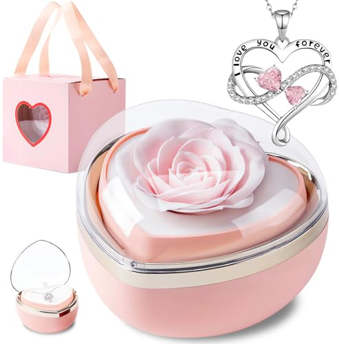 goldmiky Caja de Rosa Eterna con Collar Grabado,Caja de Rosas Rojas Conservadas, Regalos de Amor para Forever Roses, Regalo Mujer per Navidad, San Valentín, Día de La Madre, Aniversario (rosa)