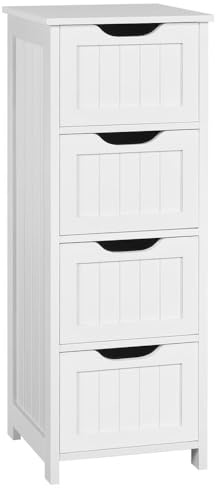 Yaheetech Bathroom Floor Cabinet, Wooden Freestanding Storage Organizer with 4 Drawers, Slim Unit for Living Room&Hallway, Modern Style, Sturdy Construction, White