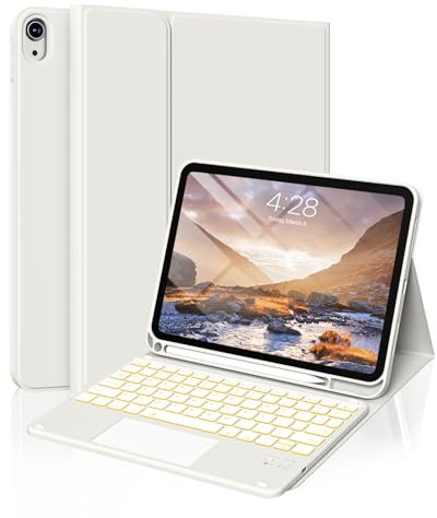 SZPSGC for iPad 11th 10th Generation Case with Keyboard, Folio Cover with Pencil Holder, Multi-Touch Trackpad, 7 Color Backlit, Detachable Keyboard for iPad (A16) 11th/10th Gen, White