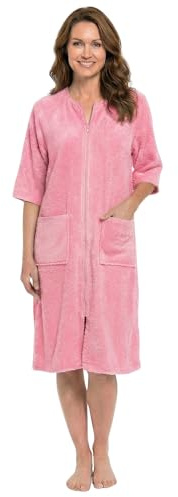 INSIGNIA Women’s Zip Front Towelling Dressing Gown, Cotton Terry Bathrobe with Pockets, Short Sleeve (UK, Numeric, 16, 18, Regular, Regular, Pink)