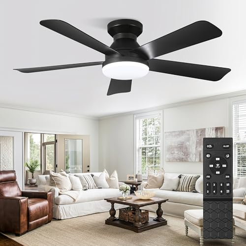 Hywyimlait Black 40Inch Ceiling Fan Light with Remote Control, Flush Mount Installation, Reversible Rotation, 3 Color Temperatures, 2/4H Timer, Suitable for Bedrooms, Living Rooms, Indoor/Outdoor Use