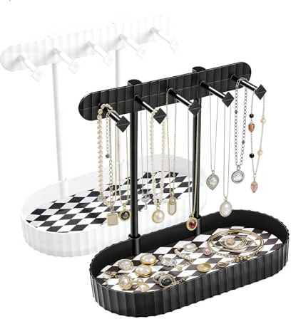 Smyckestativ för Kvinnor, Smyckesorganiserare med 5 Krokar, Förvaring för Halsband, Örhängen, Ringar, Vitt och Svart 2-delat
