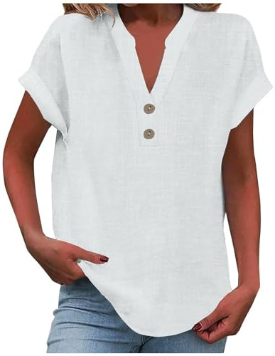 Chemise Femme Coton et Lin Manches Courtes Chemisiers et Blouses Chic et Élégante Col en V Chemisier Couleur Unie T-Shirts D'Été Respirant Grande Taille Chemise Lin Tunique Blouse avec Boutonnée