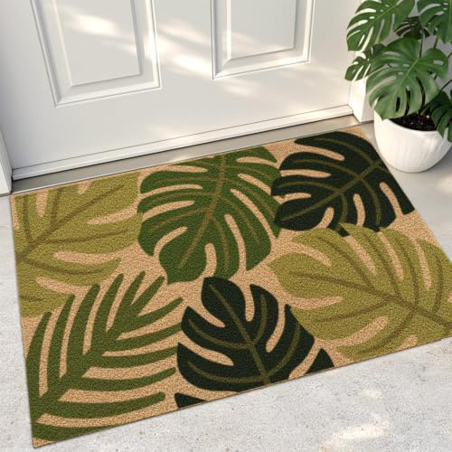 Dermalyx Felpudo de Coco con Hojas de Monstera para Entrada Exterior, Alfombrilla Robusta Antideslizante Atrapa Suciedad para Puerta Principal Porche Terraza, Diseño Tropical 45x75cm