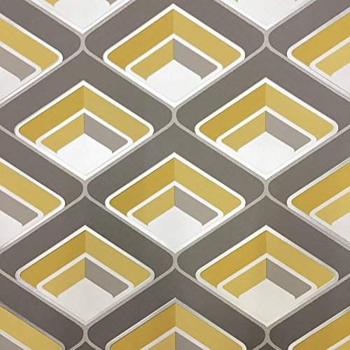 Grandeco - Geo In Yellow - Geometric 3D Effect - Retro Textured Wallpaper A16001