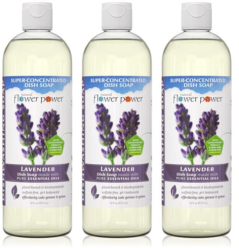 Natural Flower Power - Natural Dish Soap, Lavender, Scented with Pure Essential Oils, Effectively Cuts Grease and Grime, Non-Toxic and Biodegradable, Sulfate Free - 16 Ounce (Pack of 3)