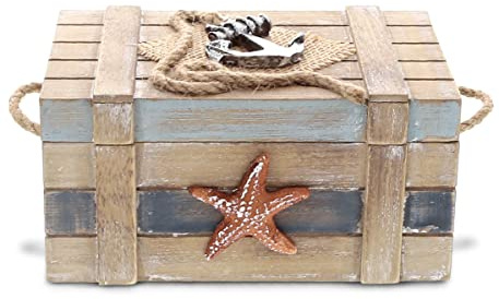 CoTa Global Neptune Wooden Jewelry Box - Handcrafted Nautical Trinket Wooden Box with Starfish and Boat Anchor, Decorative Box With Hinged Lid for Beach Home Decor, Beach Souvenirs - 6.5 Inches