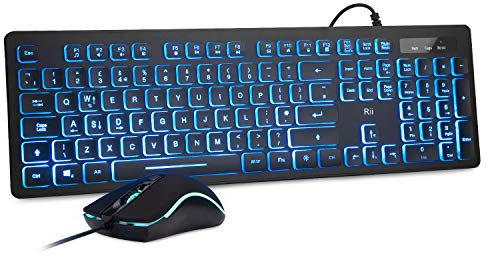 Rii Wired keyboard and mouse, RK105 USB Keyboard and Mouse with Backlit(White Green Blue) for Office Home Business-Full Size Standard UK Layout