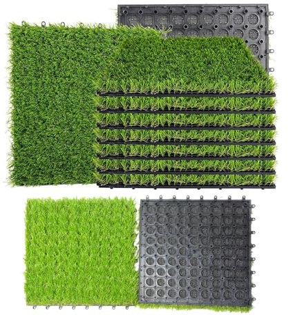ybaymy 18PCS Interlocking Artificial Grass Tiles, 30x30cm Realistic FakeGrass Tiles Outdoor, Self-Draining Artificial Grass Underlay Turf for Dogs, Patio, Garden and Balcony, Indoor Outdoor