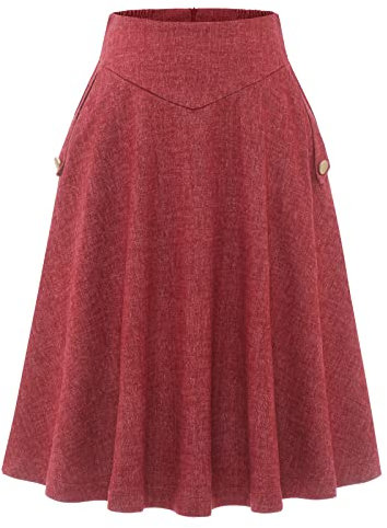 Rock Damen Lang Vintage Elegant Plaid Winterrock Warm Elastische Taille A Linie Röcke Casual Rock Hohe Taille Midi Rock Red M